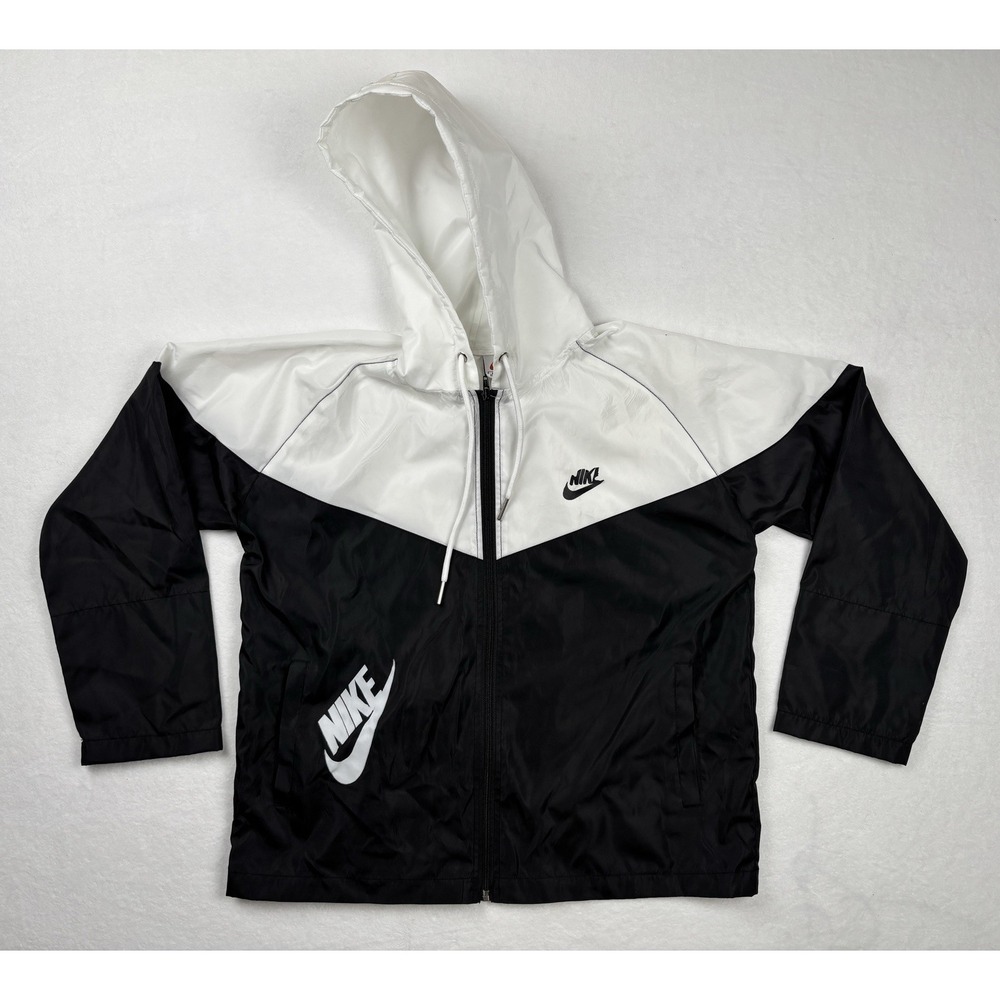 Vintage Nike Windbreaker Jacket Black White‎ Swoosh Hooded Made In USA M